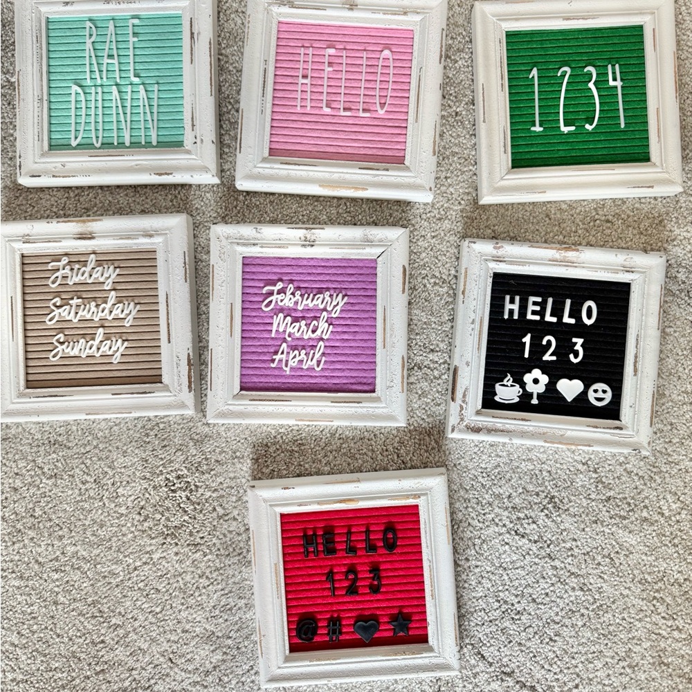 Set of 7 Mini Letter Boards with White Distressed Frames - Multicolor Panels